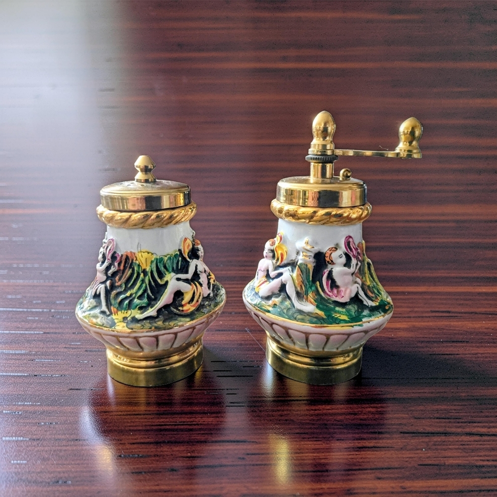 Vintage Capodimonte Porcelain Salt Shaker And Pepper Grinder